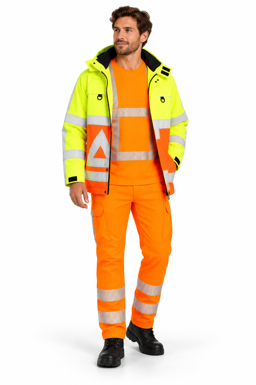 Voorbeeld van een persoon met verkeersshirt, werkbroek en open jas